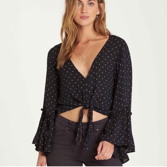 Billabong Tops - Billabong Black Polka Dot Tie-Front Crop Top